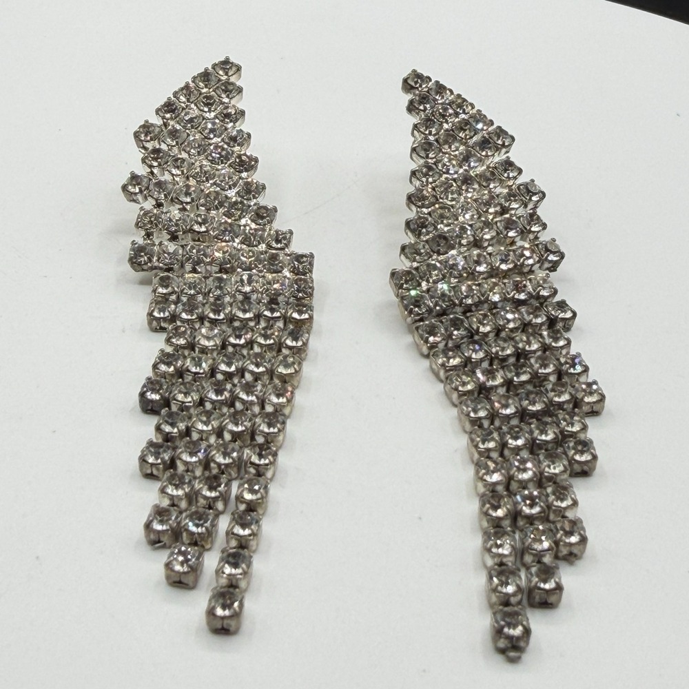 Rhinestone Feather Fringe Earrings Silver Tone Clear Crystal Statement Dangle